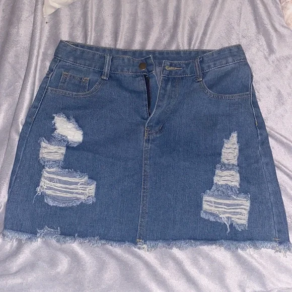 Shien Distressed High-Rise Denim Mini Skirt - Picture 1 of 3